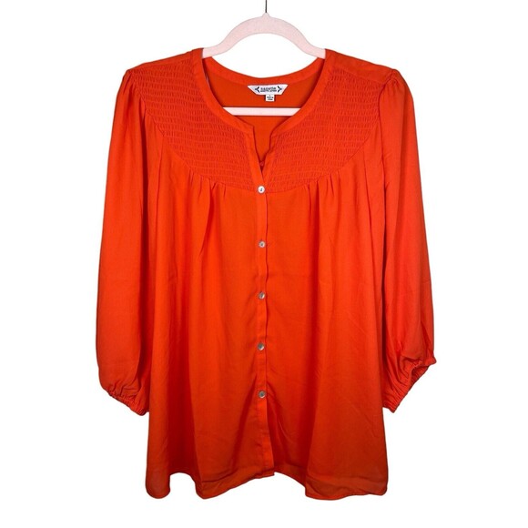 Nanette Lepore Pleated Blouse Womens L Orange Long Sleeve Smocked V-neck Top - Picture 3 of 10